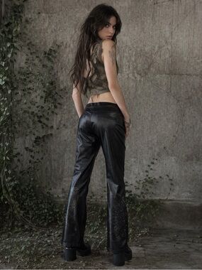 Cache Blk Faux Leather Straight-Leg Jeans Butterfly Cutout Gold Zips Dark Fairy